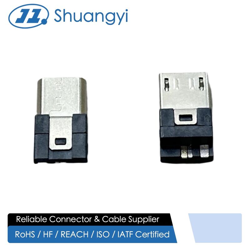 USB Micro-B Wire Terminal Connector | 5F/3R Black Cable End | Gold-Plated G/F | Electronic Signal Wire-to-Cable Connector
